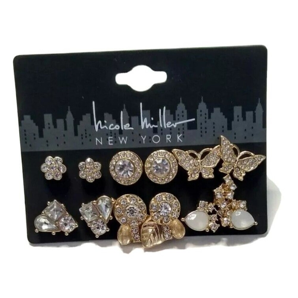 Nicole Miller Earrings Assorted (Set of 6) Gold Colored Faux Gems Jewelry